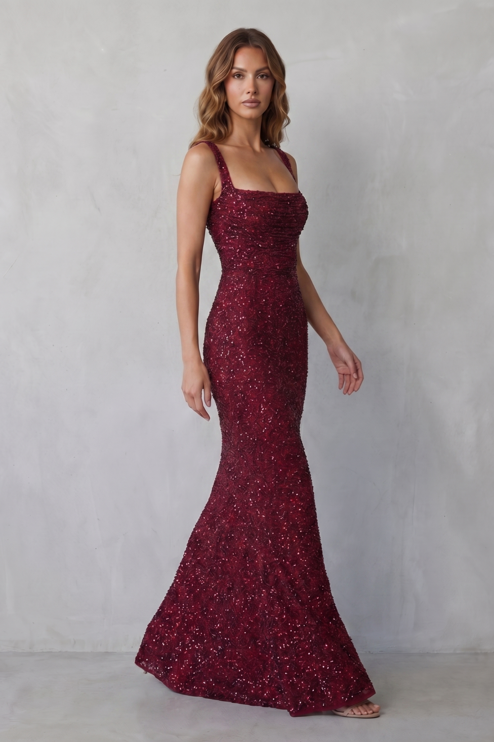 Wine red sequin maxi dress with square neckline and flared mermaid hem