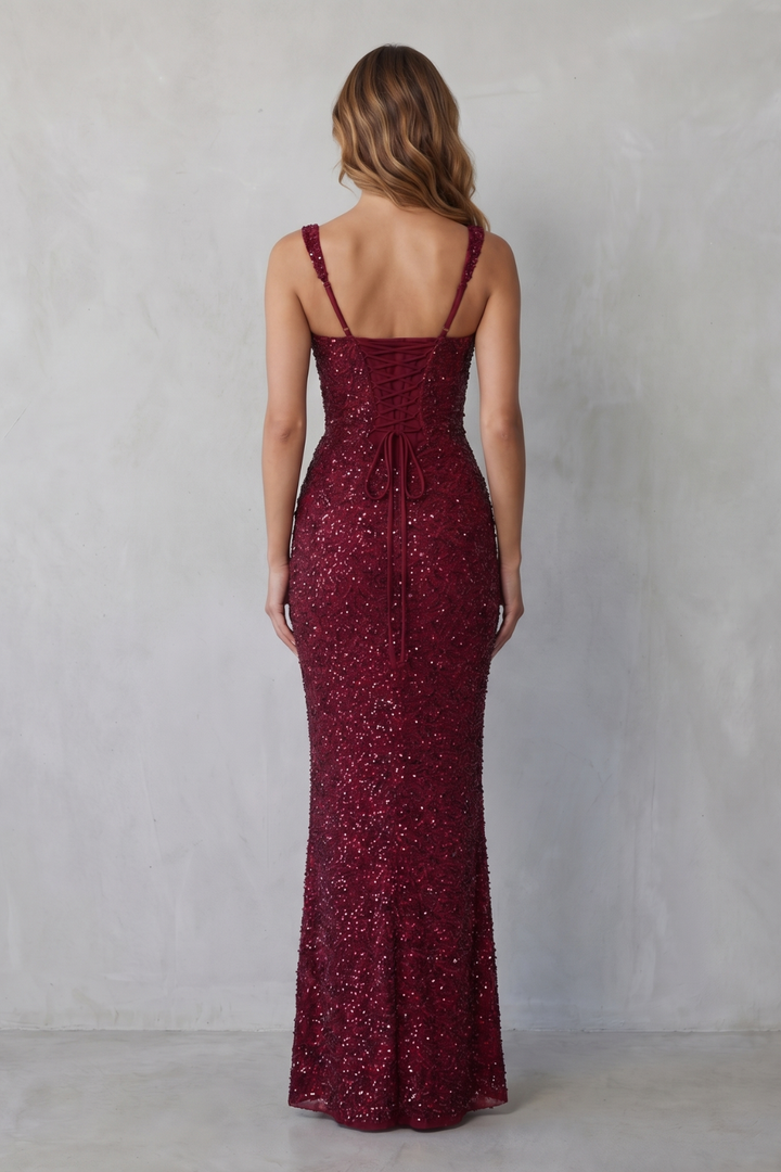 Wine red sequin maxi dress with open back and adjustable spaghetti straps