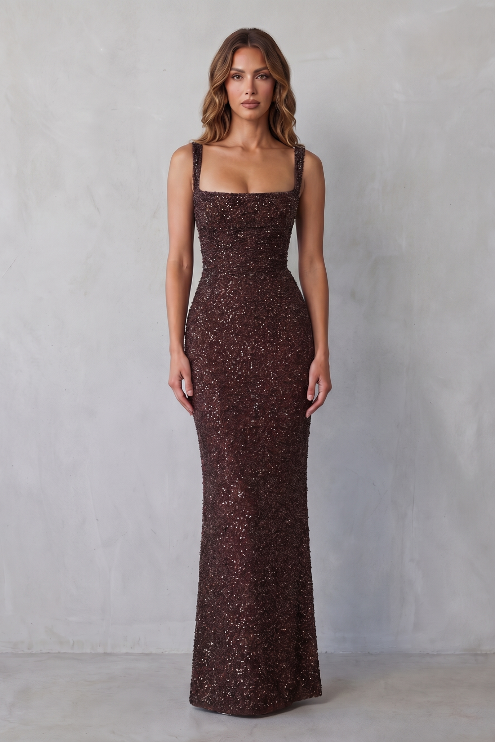 Brown sequin maxi dress with fitted column silhouette and straight neckline