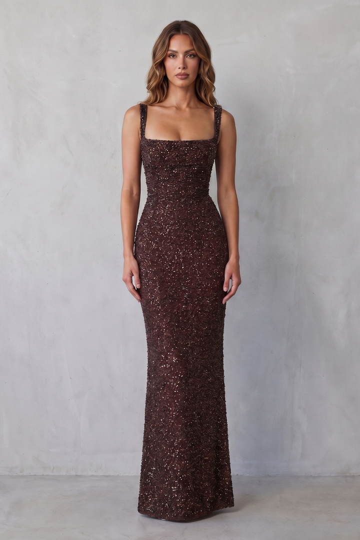 Brown sequin maxi dress with fitted column silhouette and straight neckline