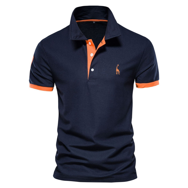 Navy polo shirt with orange collar placket and sleeve cuffs, embroidered logo.