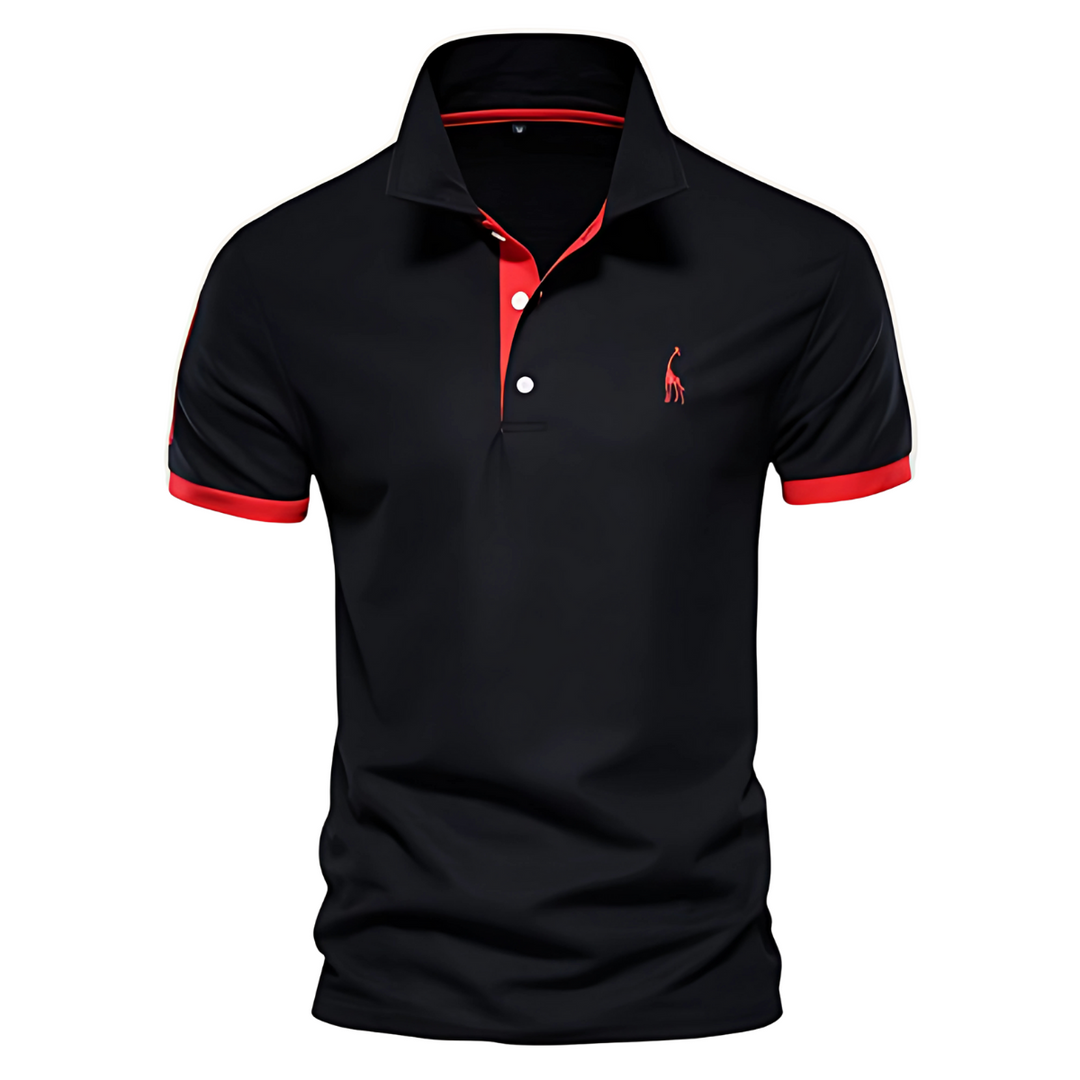 Black polo shirt with red collar placket and sleeve cuffs, small embroidered logo.