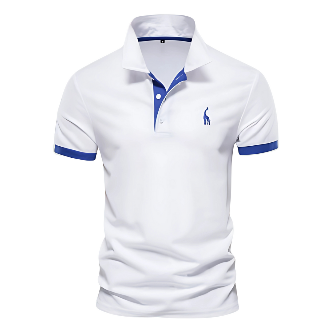 White polo shirt with blue collar placket and sleeve trim, embroidered logo.
