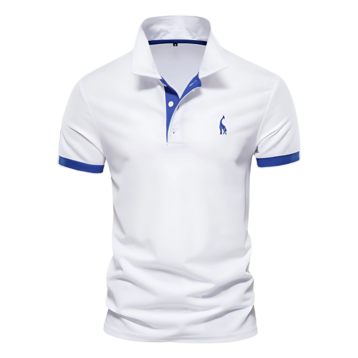 White polo shirt with blue collar placket and sleeve trim, embroidered logo.