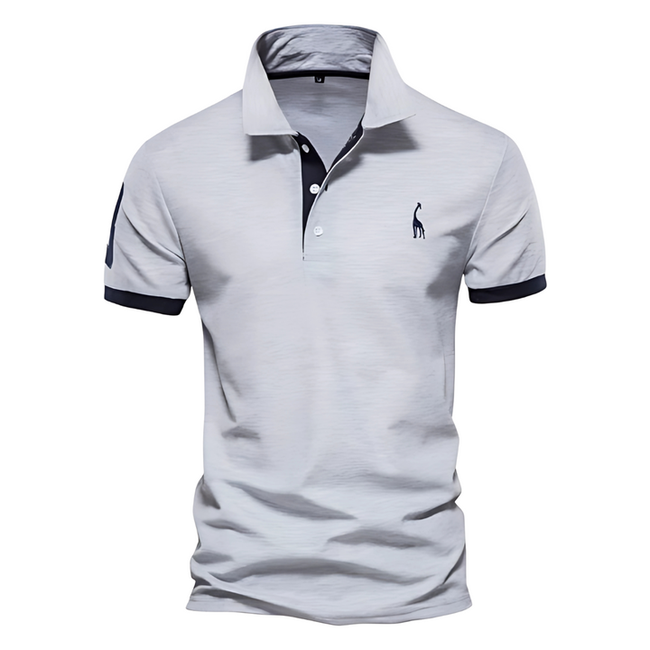 Light gray polo shirt with dark collar placket and sleeve cuffs, embroidered logo.