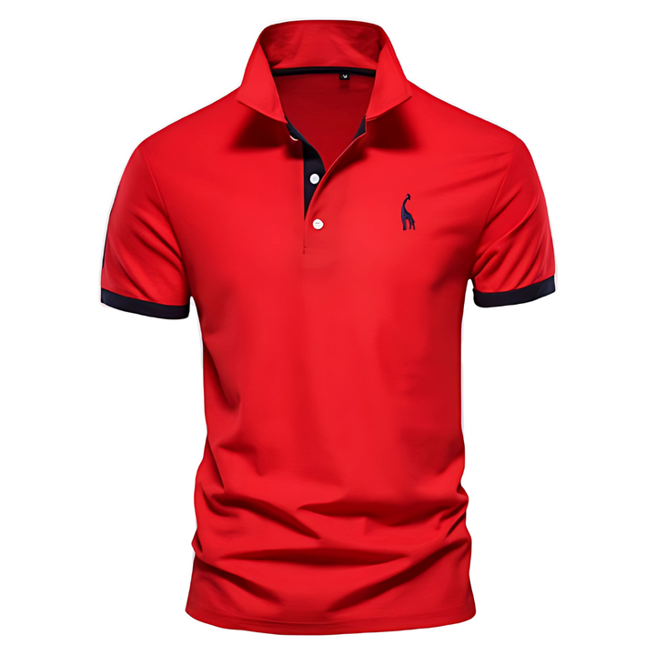 Red polo shirt with black collar placket and sleeve cuffs, embroidered logo.