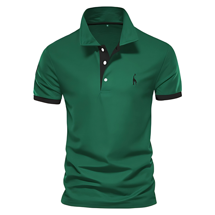 Green polo shirt with black collar placket and sleeve cuffs, embroidered logo.