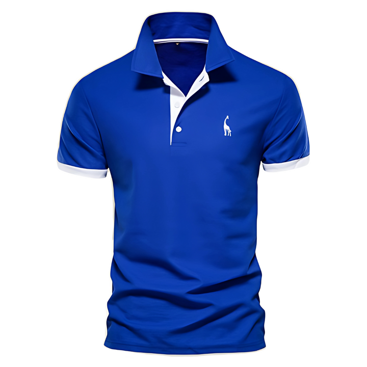 Royal blue polo shirt with white collar placket and sleeve cuffs, embroidered logo.