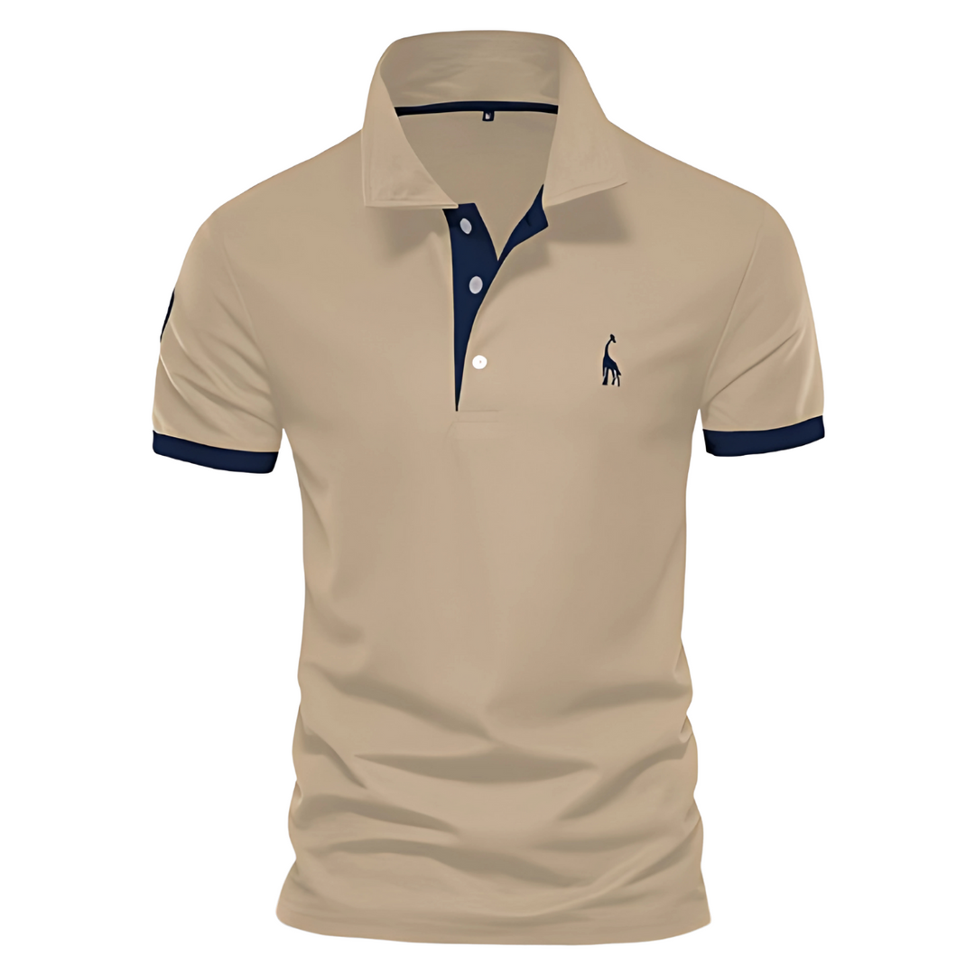 Khaki polo shirt with navy collar placket and sleeve cuffs, embroidered logo.