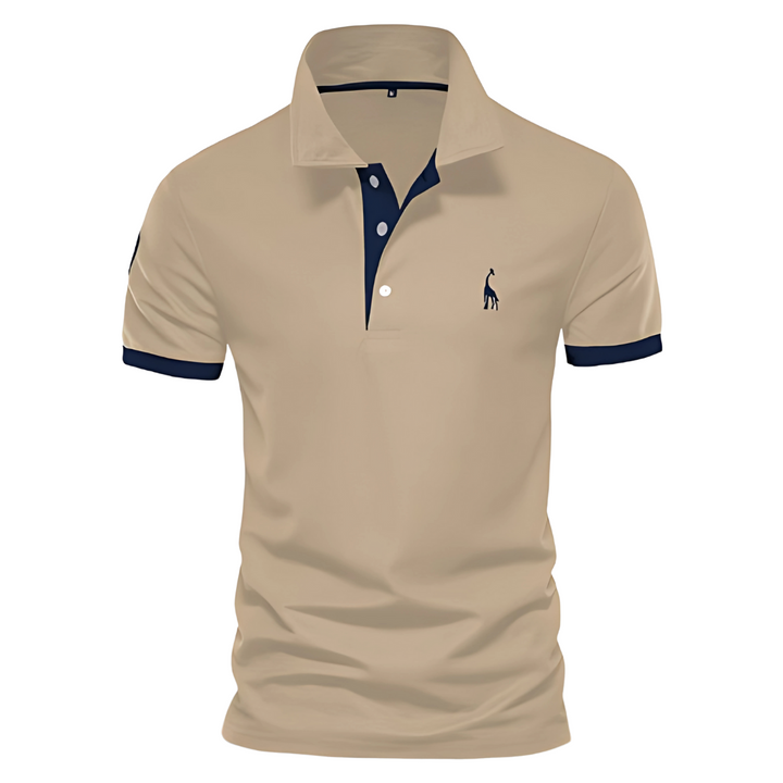 Khaki polo shirt with navy collar placket and sleeve cuffs, embroidered logo.