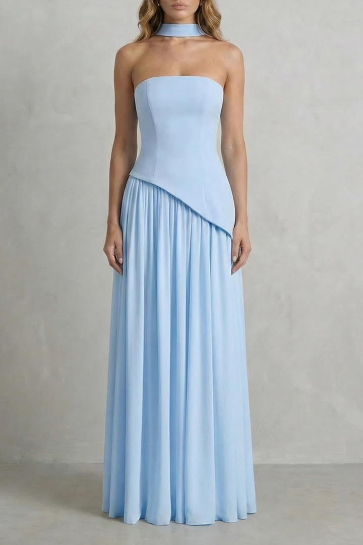 Strapless maxi dress in light blue with draped waist and pleated full skirt