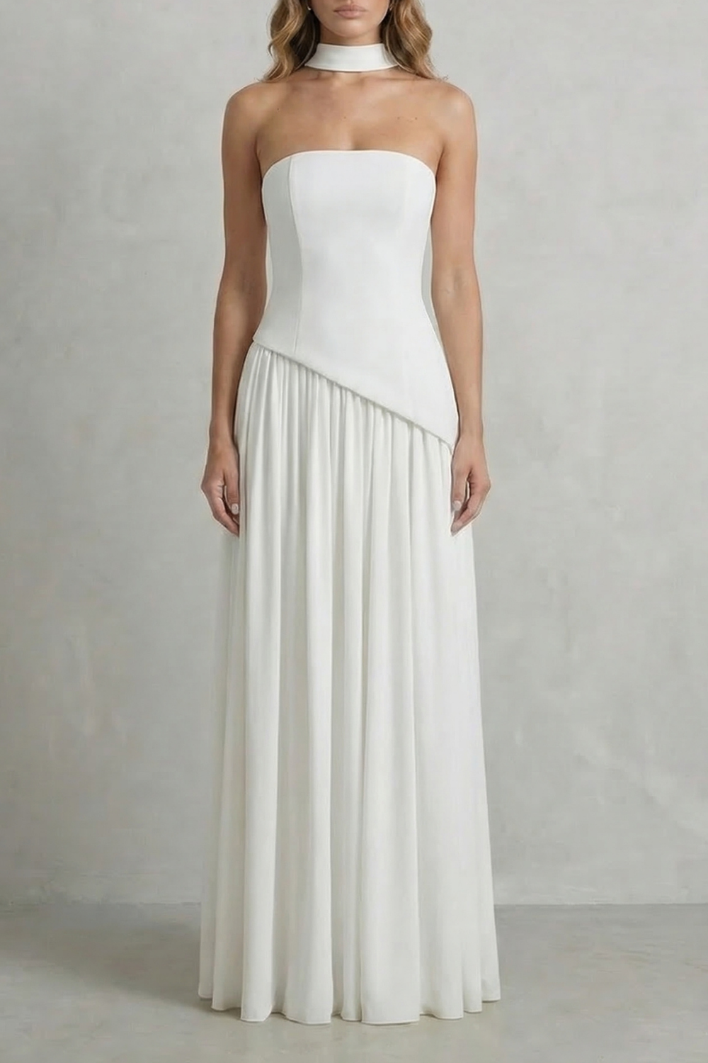 White strapless draped maxi dress with gathered skirt and asymmetric waist panel