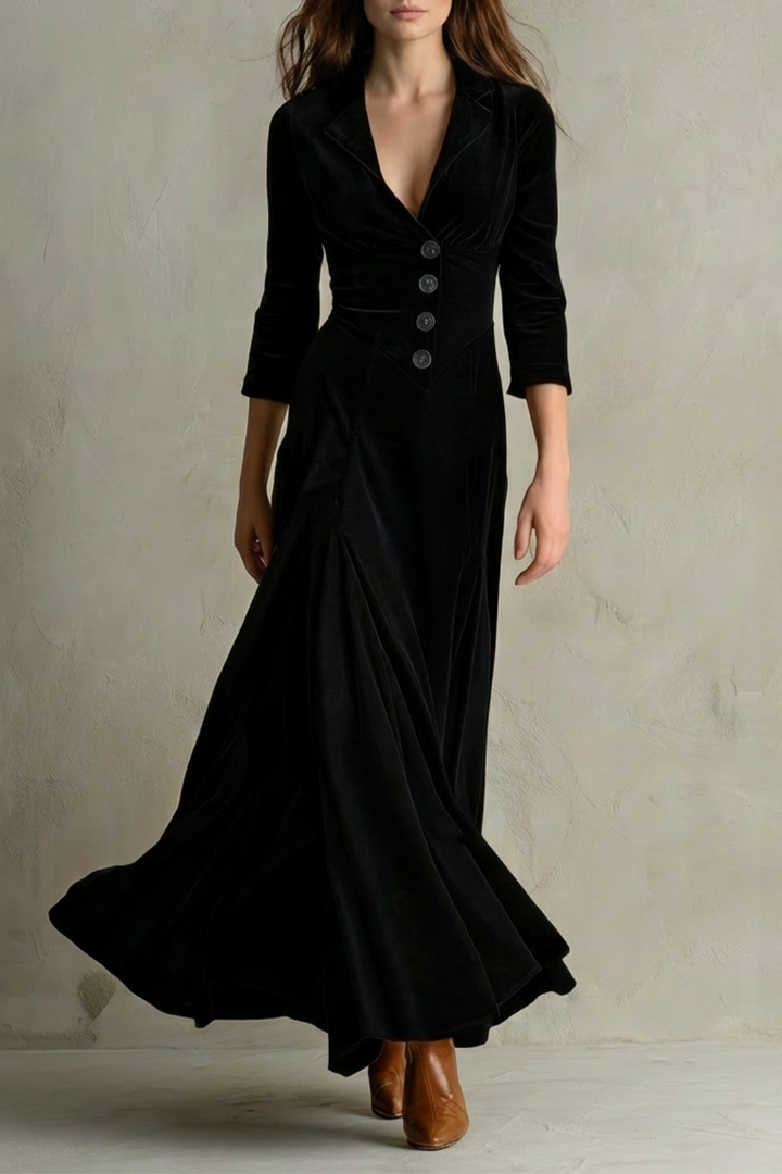 Black velvet maxi dress with V-neck, button front, and 3/4 sleeves