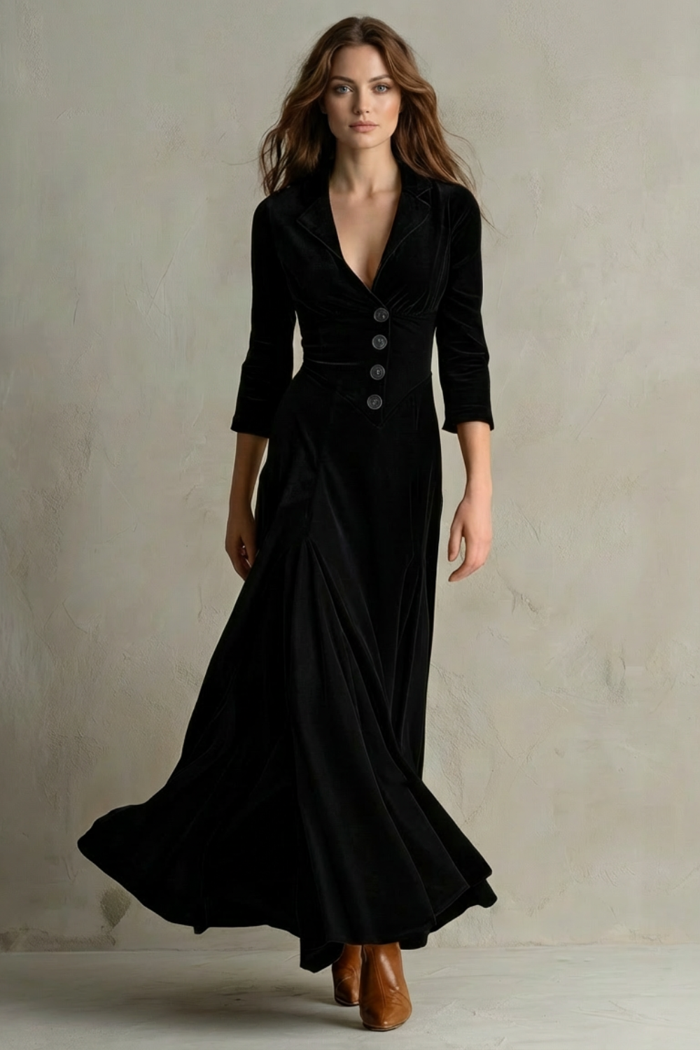 Black velvet maxi dress, V-neck button placket and flared skirt