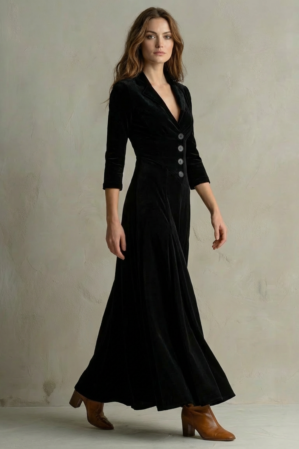 Black velvet maxi dress with V-neck and three-button front, 3/4 sleeves