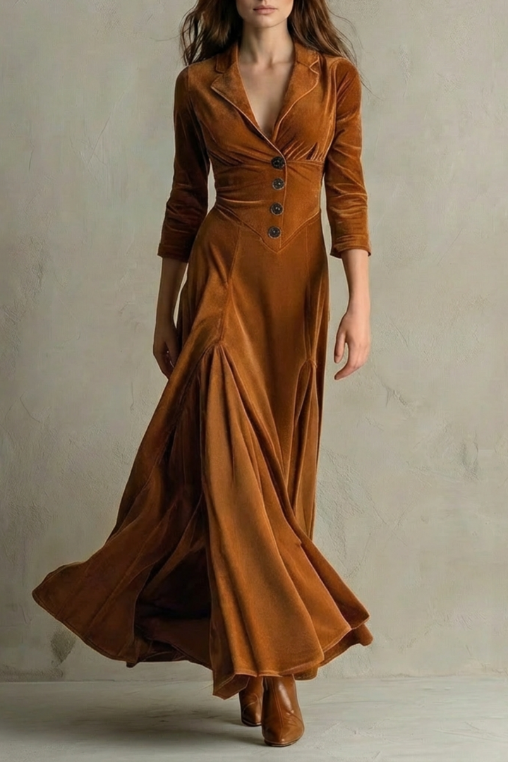 Brown velvet maxi dress with V-neck, button front, and gathered flared skirt