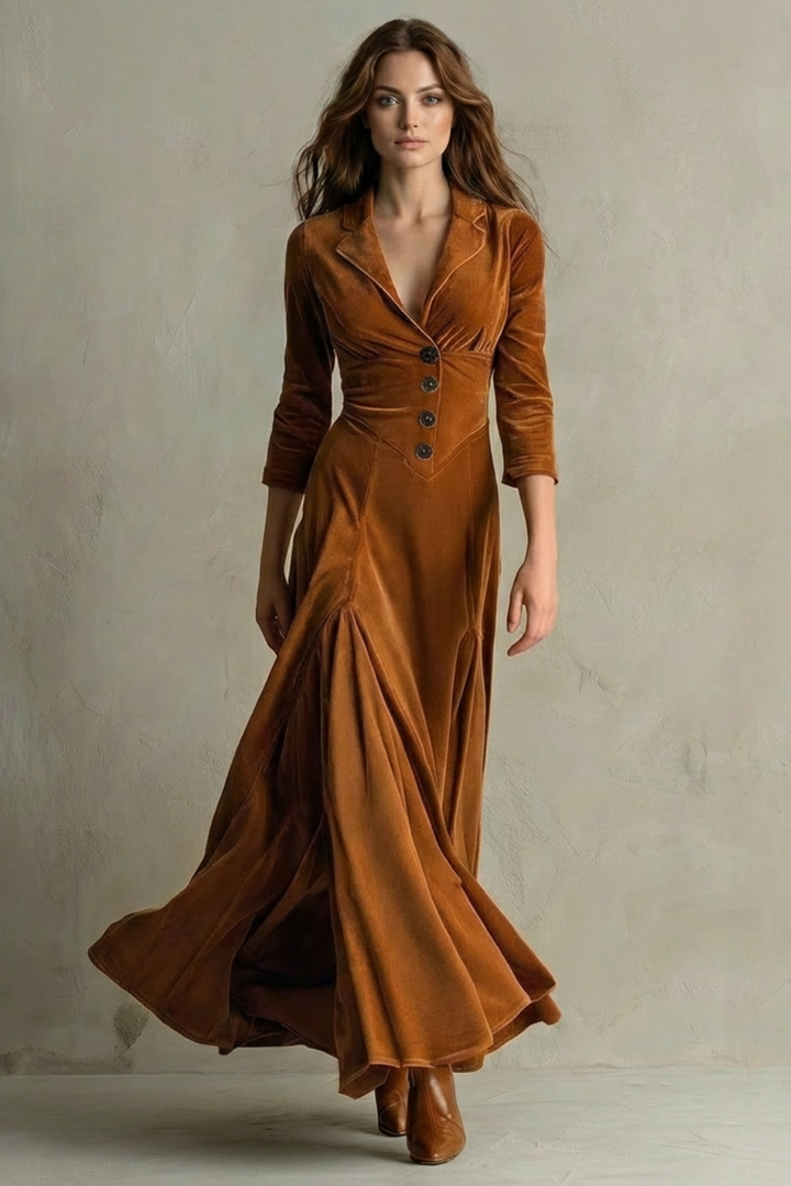 Brown velvet maxi dress with V-neck and three-button bodice, 3/4 sleeves