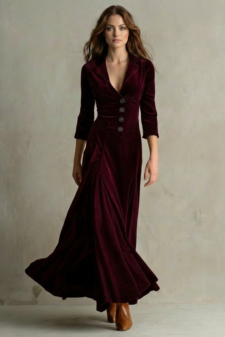 Back view of wine red velvet maxi dress with fitted waist and long skirt