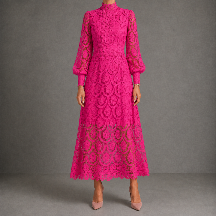 Pink lace maxi dress with high neck, long puff sleeves, scalloped lace hem