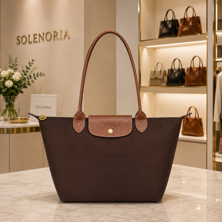 Medium brown tote bag with front flap and gold snap, twin top handles