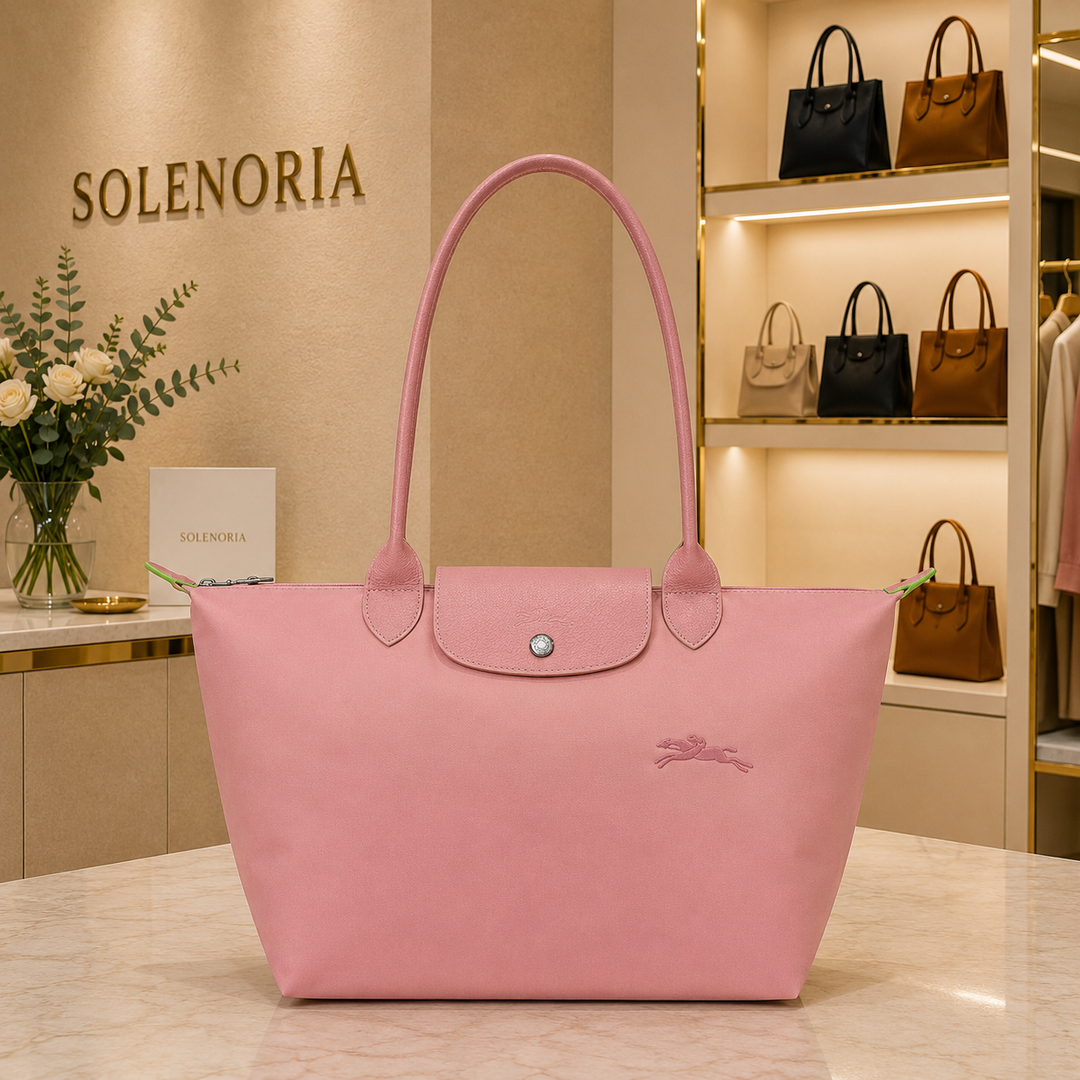 Petale pink medium tote bag with front flap pocket, button, and embroidered logo