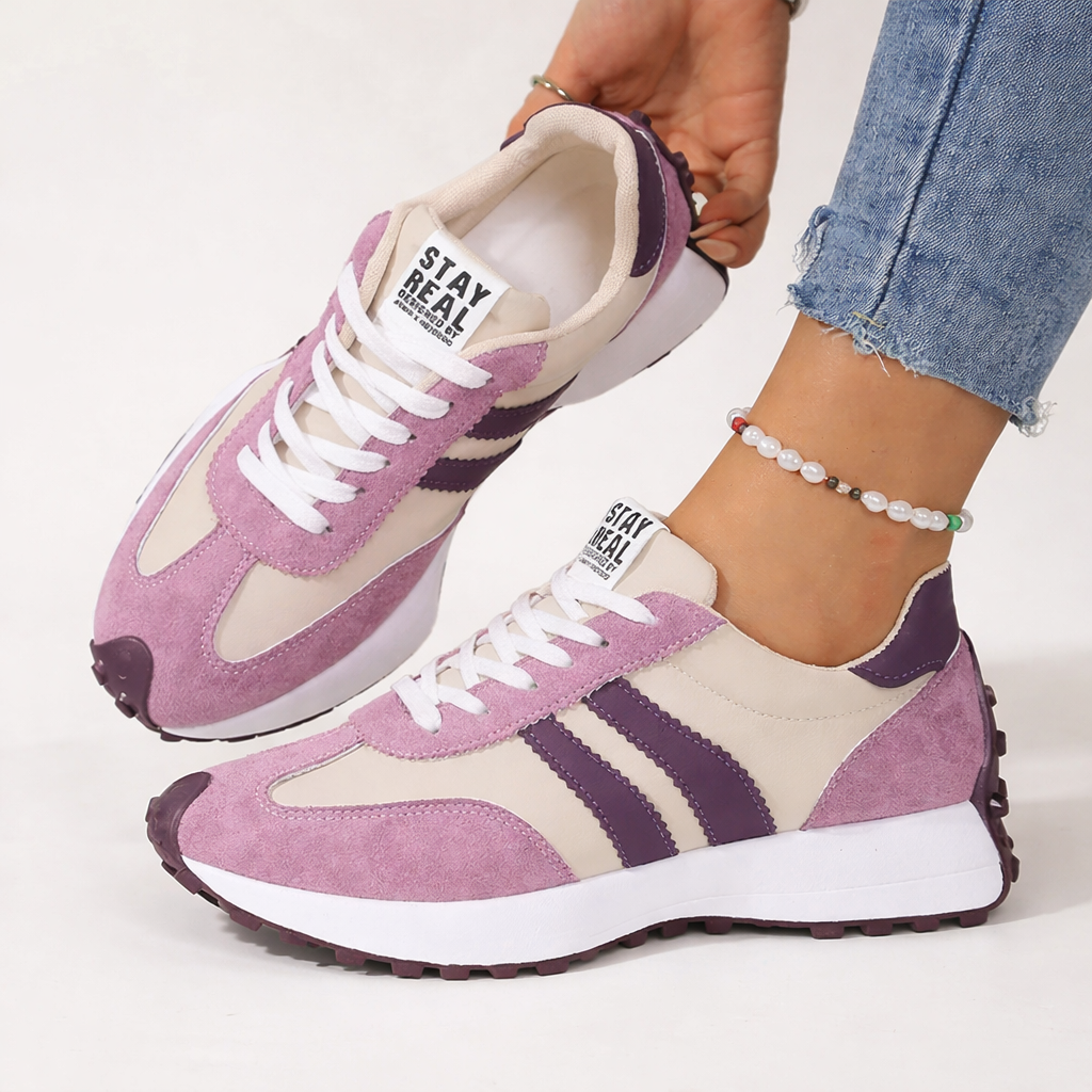 Women’s retro lace-up sneakers, purple suede with white laces and cushioned sole