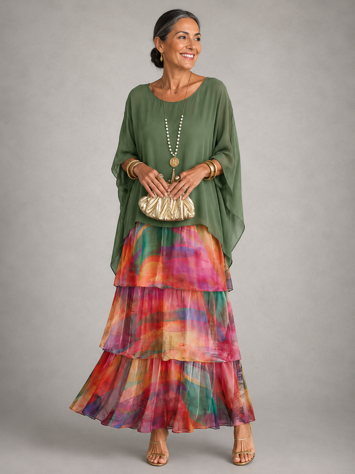 Green maxi dress with multicolor tiered hem and loose draped sleeves