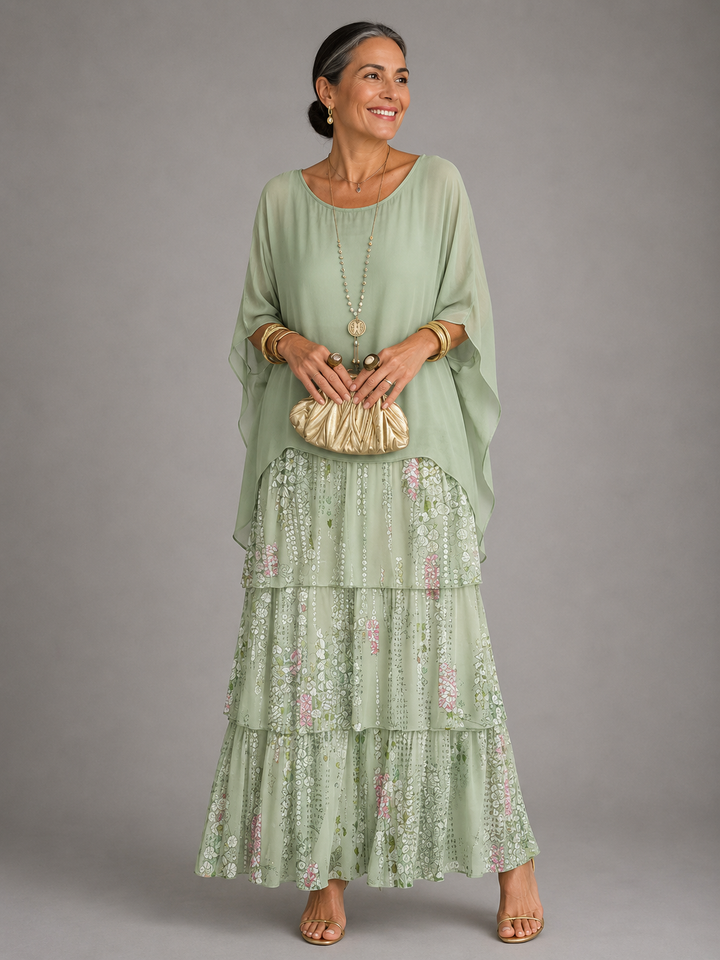Light green maxi dress with tiered ruffle skirt and floral print