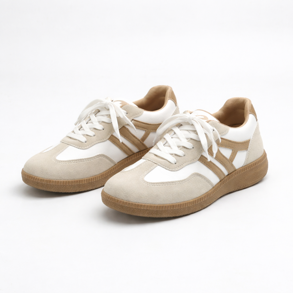 Low top lace-up sneakers in white and tan with white laces and gum sole
