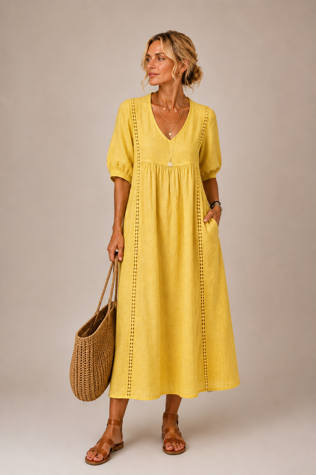 Linen blend summer midi dress, yellow, V-neck with puff sleeves and embroidered details