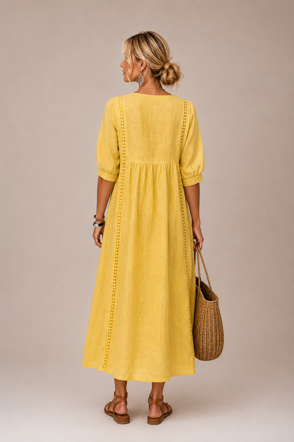 Linen blend summer midi dress, yellow, back view with puff sleeves and embroidered trim