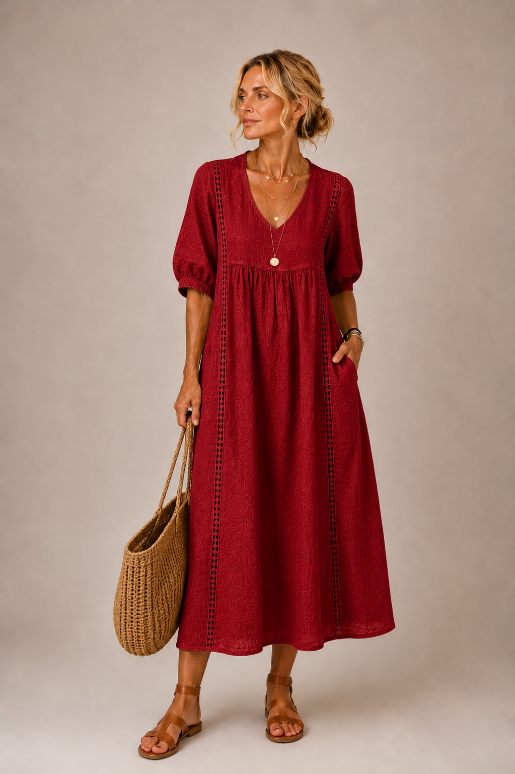 Linen blend summer midi dress, red, V-neck with puff sleeves and embroidered vertical trim
