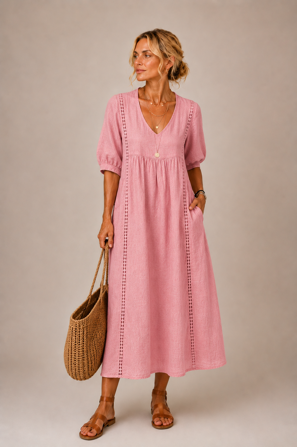 Linen blend summer midi dress, pink, V-neck with puff sleeves and vertical stitched detailing