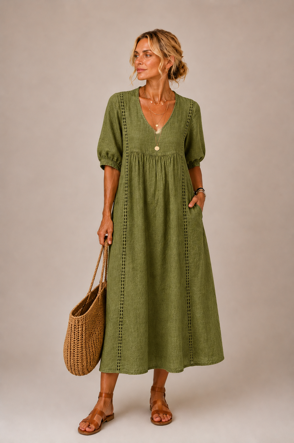 Linen blend summer midi dress, olive green, V-neck with puff sleeves and embroidered front panel