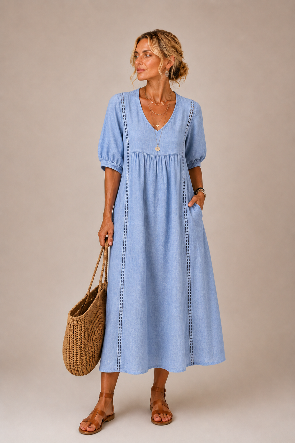 Linen blend summer midi dress, light blue, V-neck with puff sleeves and stitched trim