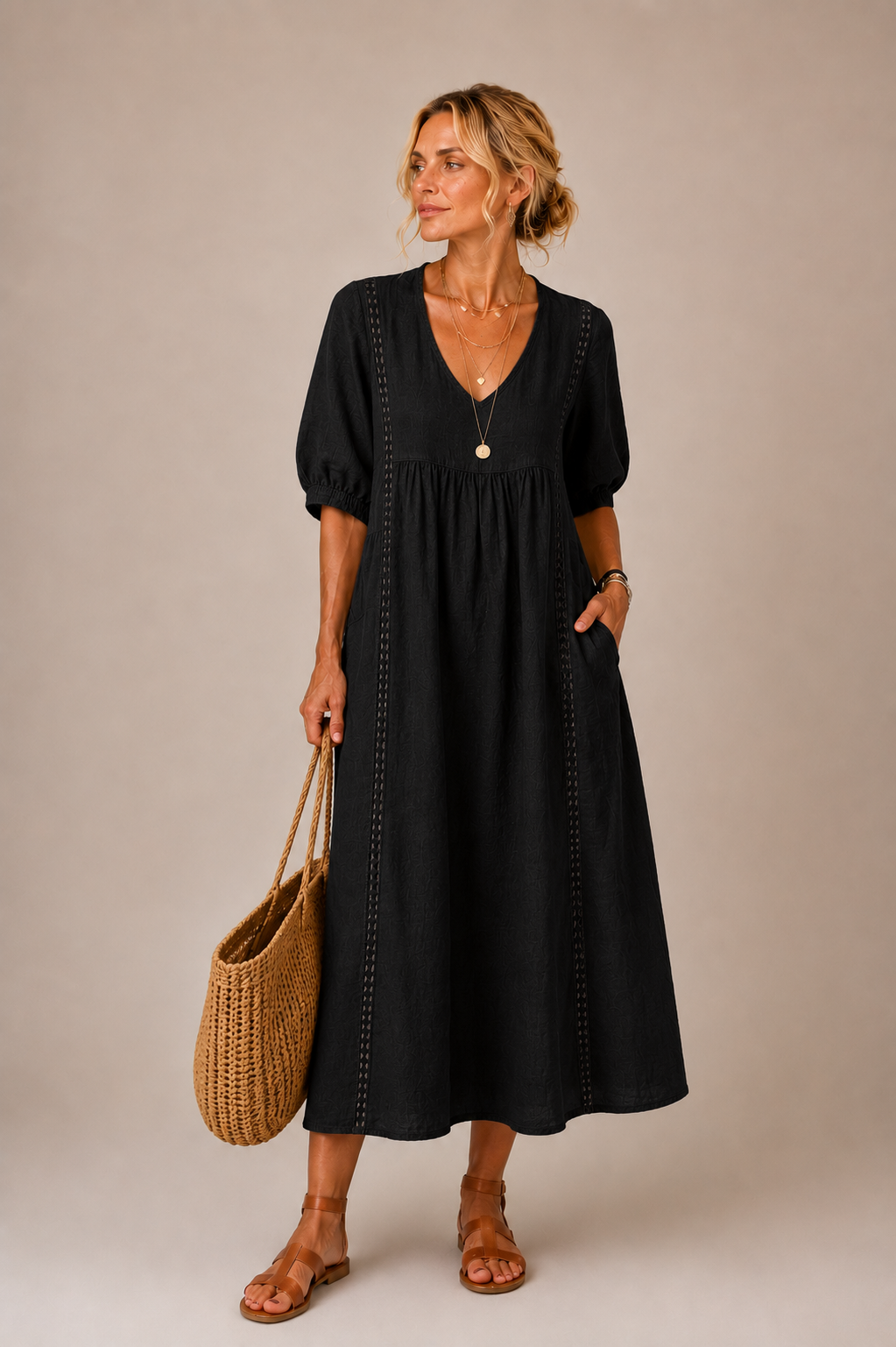 Linen blend summer midi dress, black, V-neck with puff sleeves and vertical embroidered trim