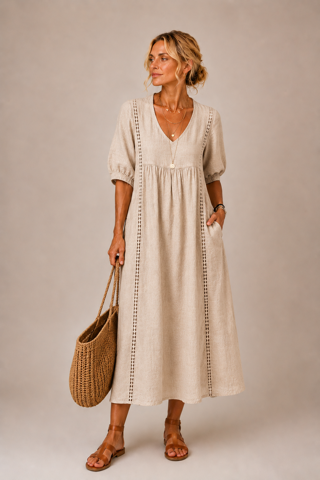 Linen blend summer midi dress, beige, V-neck with puff sleeves and embroidered vertical panel