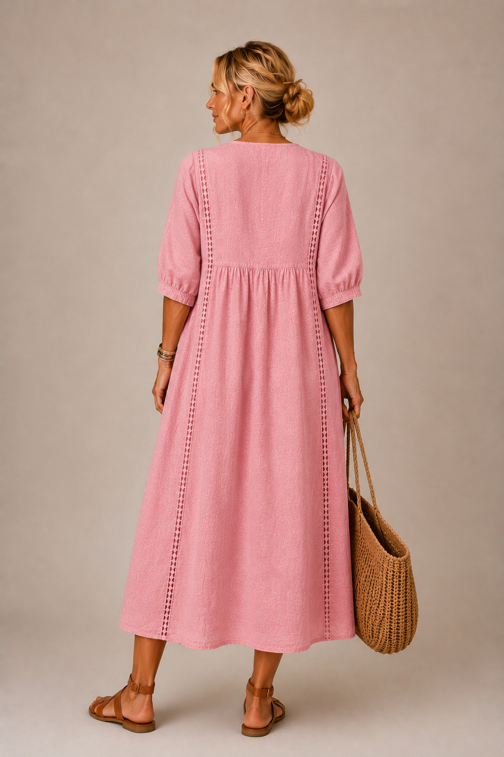 Linen blend summer midi dress, pink, back view with puff sleeves and stitched vertical detail