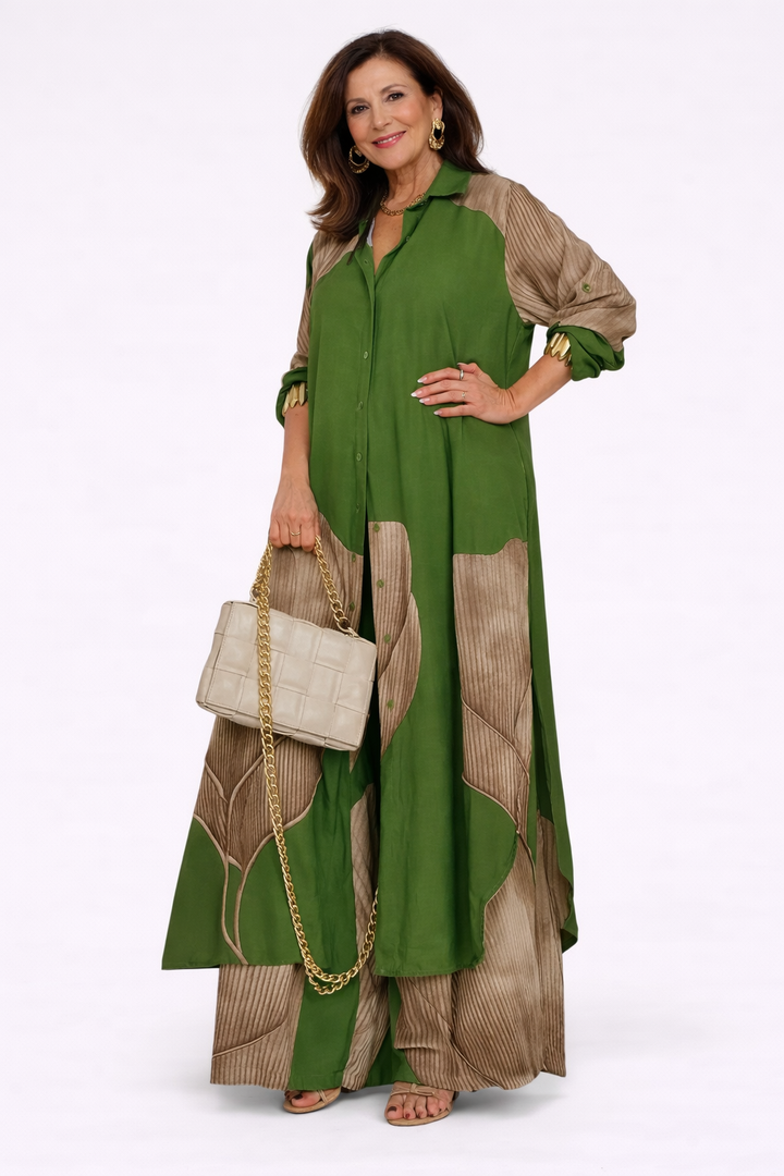 Green flowing two-piece set with long draped jacket and wide-leg pants, beige accents