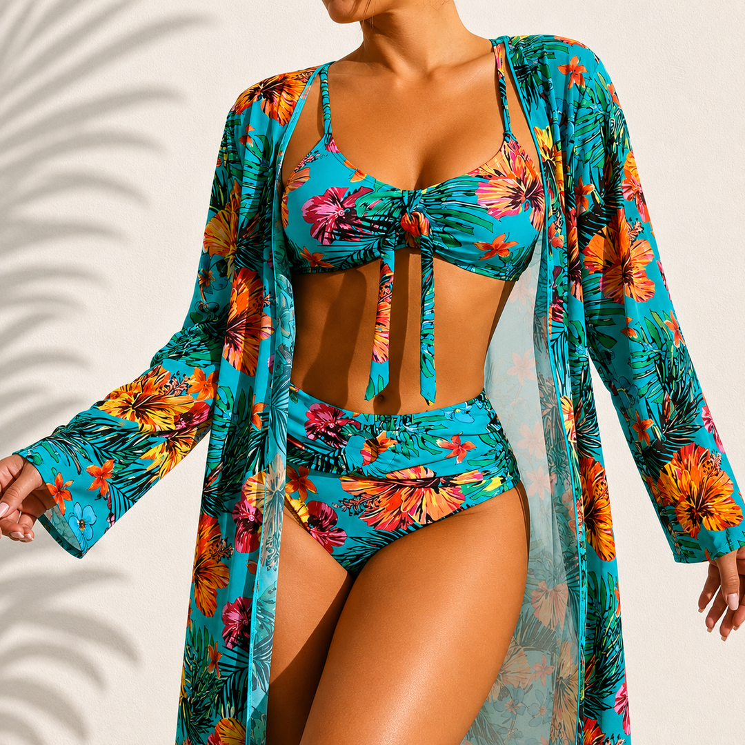 3-piece swim set in teal tropical print: tie-front bikini, high-waist bottoms, robe