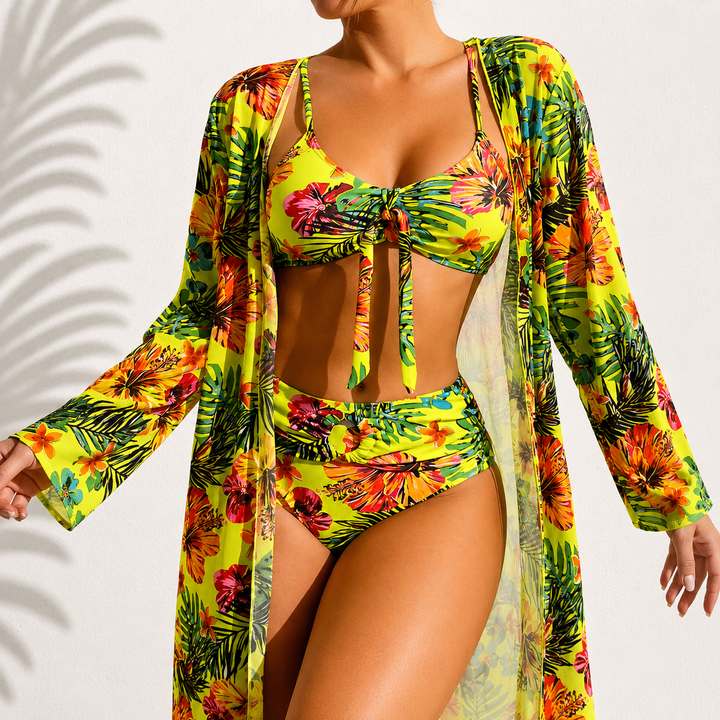 3-piece swim set in lime yellow tropical print: tie-front bikini, high-rise briefs, robe
