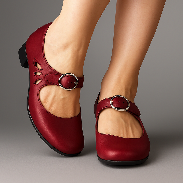 Burgundy leather low-heel Mary Jane shoes with buckle strap and cutout detailing