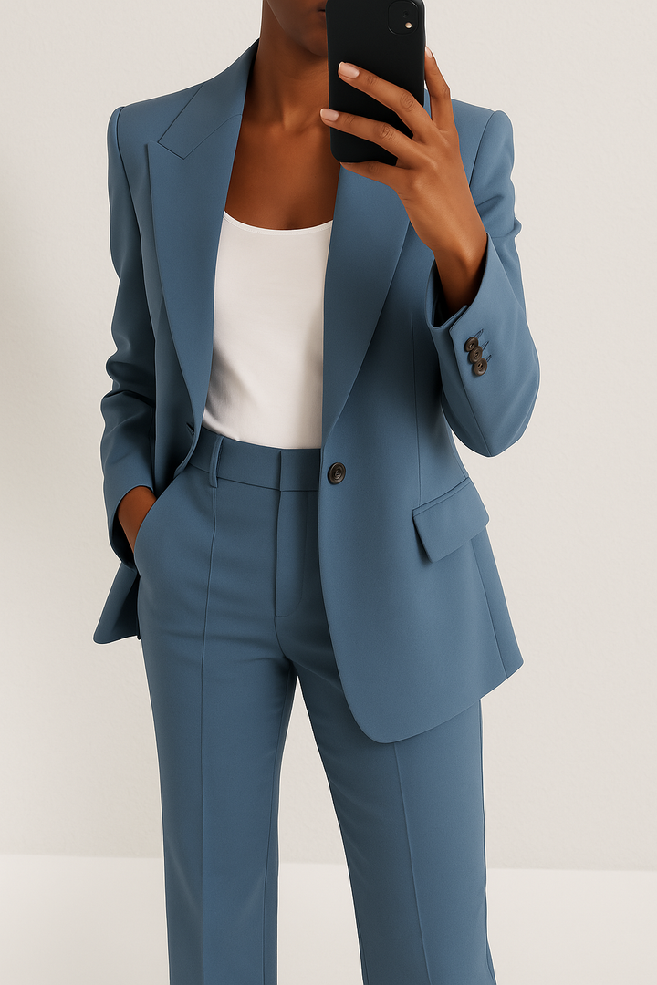 Blue tailored blazer and trousers two-piece set with lapels and decorative button detail