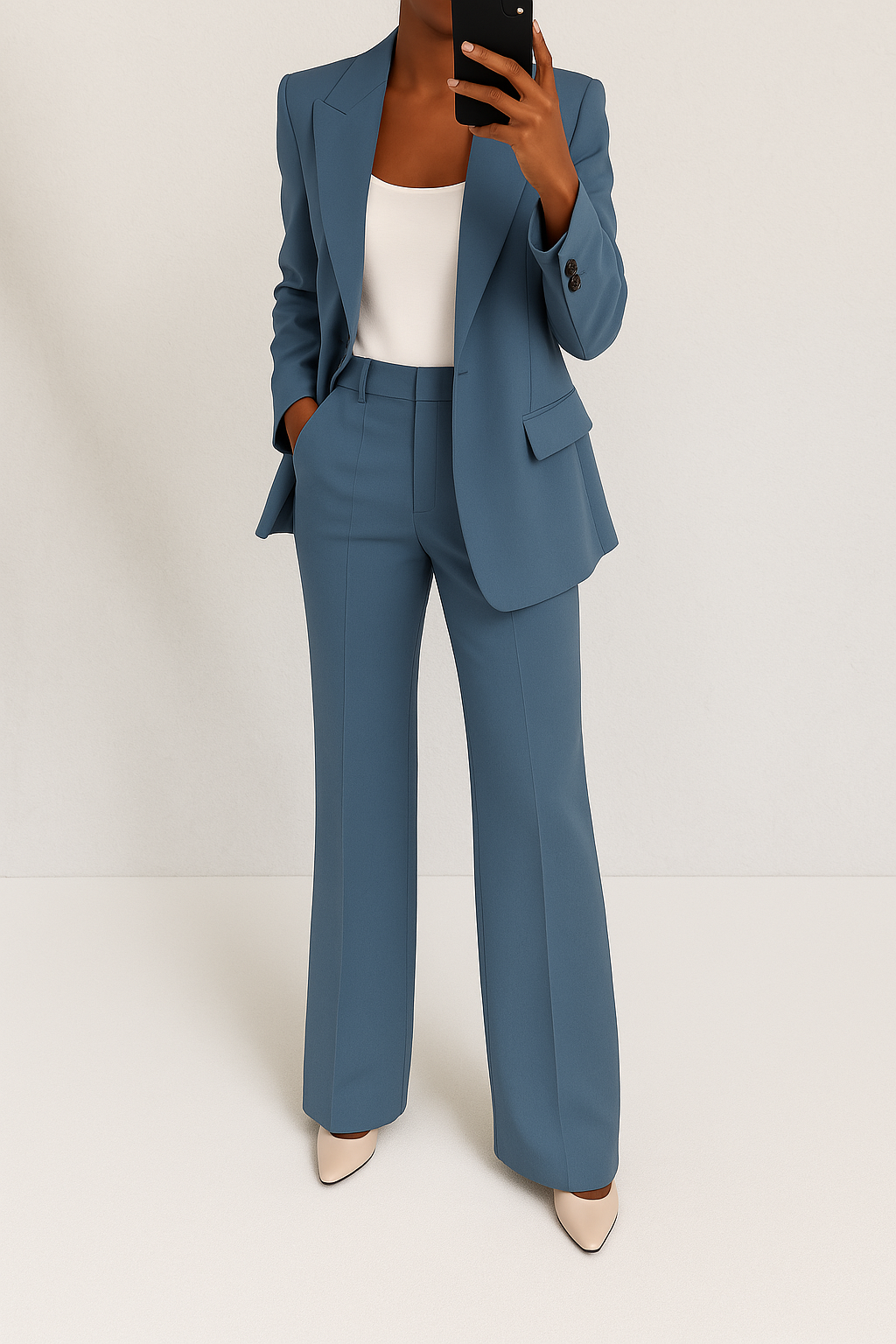 Blue tailored blazer and trousers two-piece set with notch lapels and front pockets