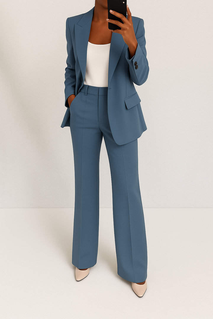 Blue tailored blazer and trousers two-piece set with notch lapels and front pockets