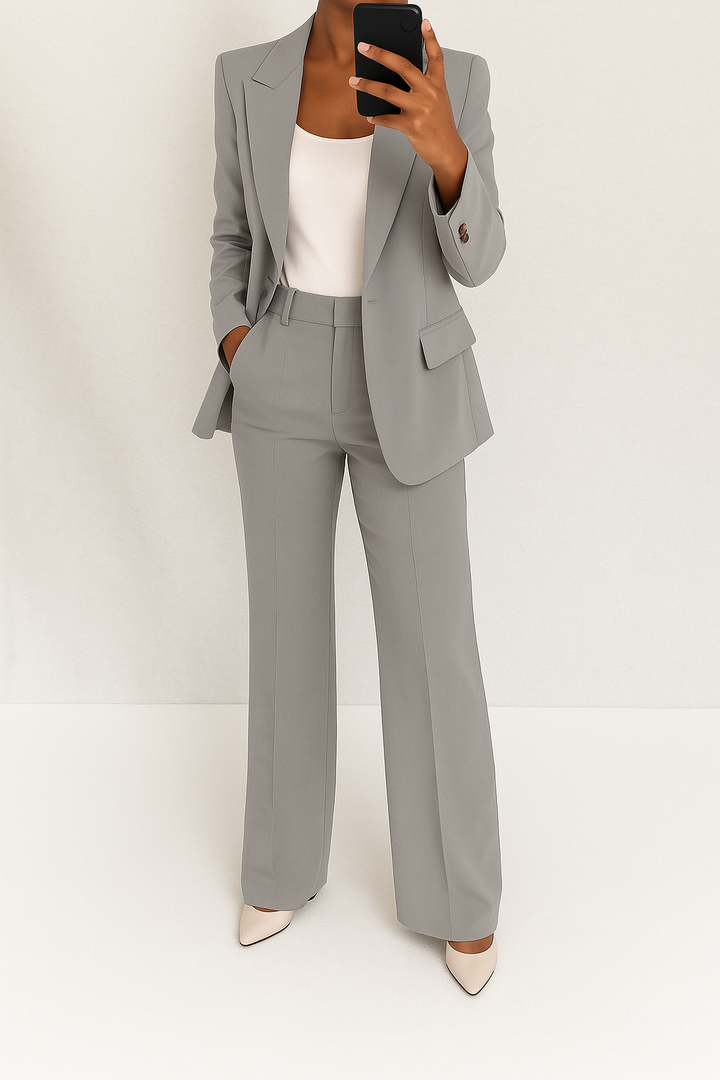 Gray tailored blazer and wide-leg trousers two-piece set with matching button detail