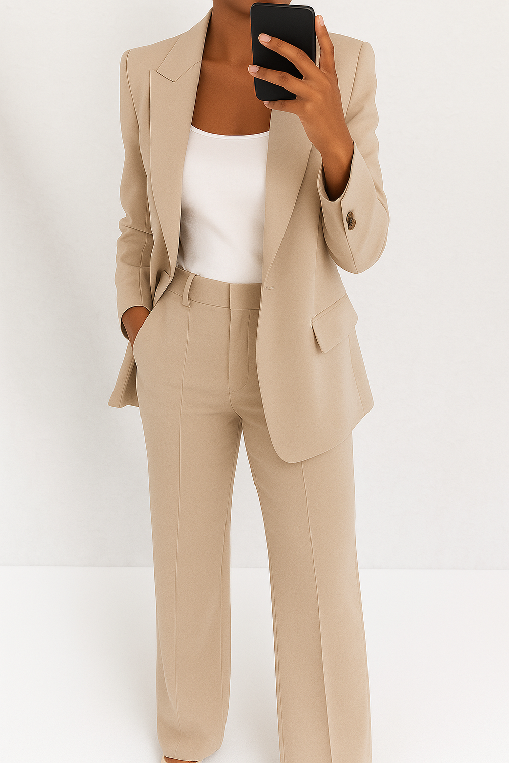Beige tailored blazer and matching trousers two-piece set, single-button front and pockets