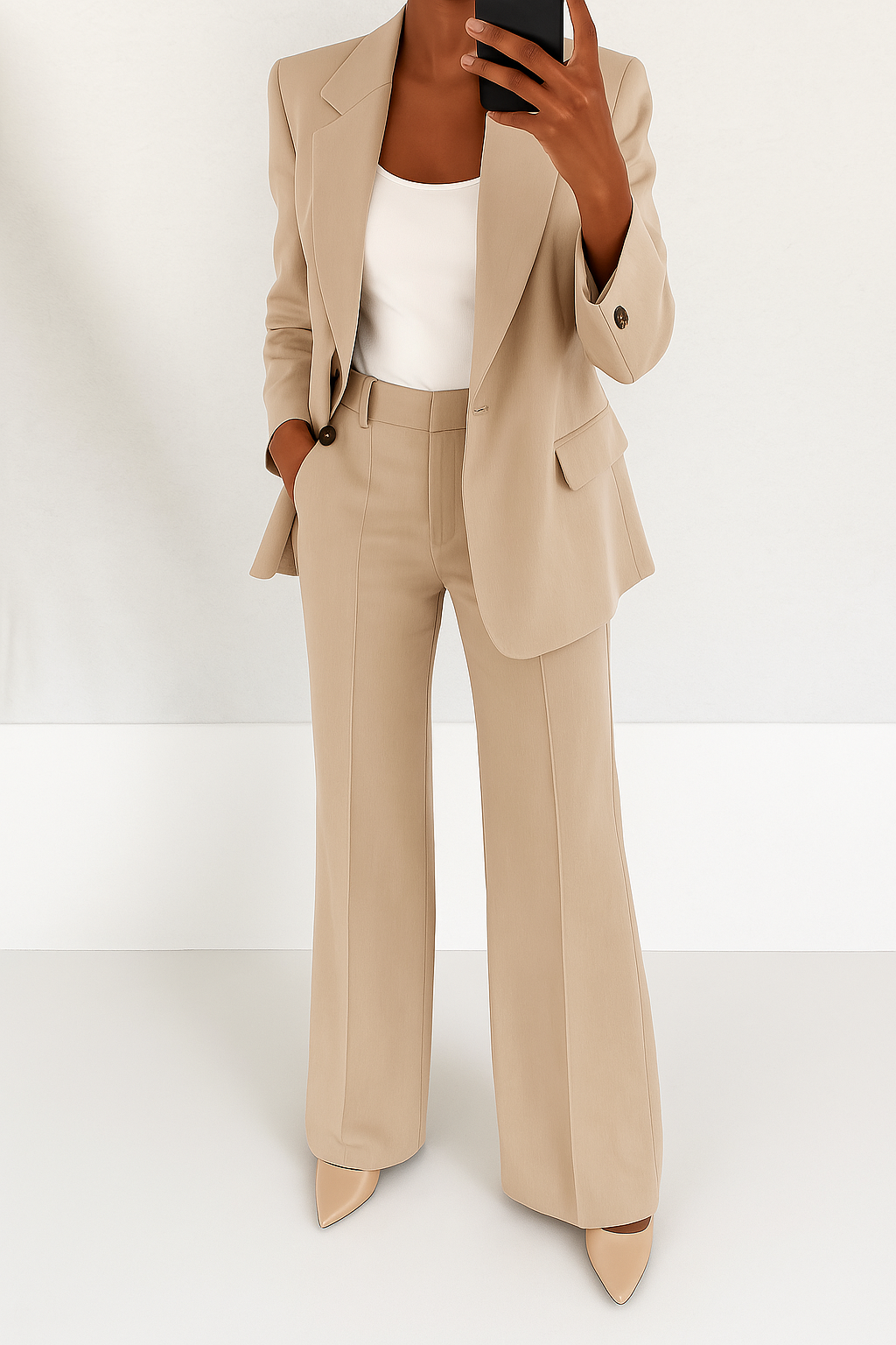 Beige tailored blazer and wide-leg trousers two-piece set with single-breasted styling