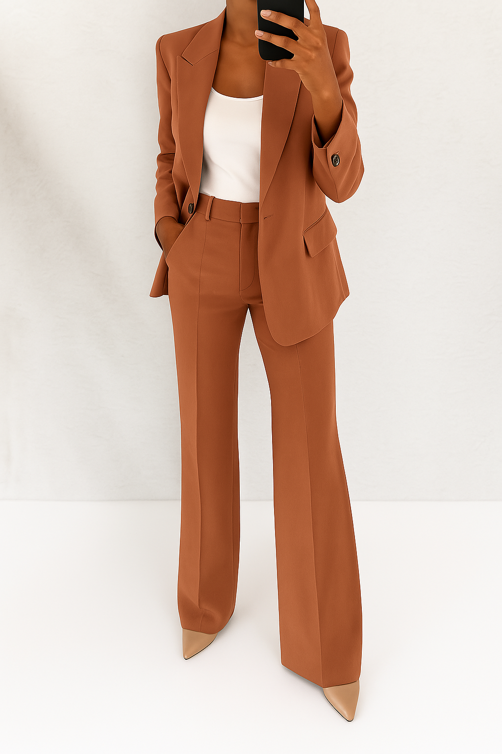 Rust orange tailored blazer and trousers two-piece set with lapels and pocket details