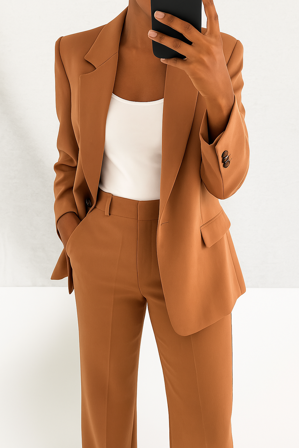 Brown tailored blazer and trousers two-piece set with lapels and front flap pockets